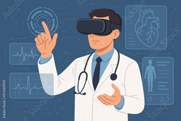 Fototapeta Doctor in virtual reality headset interacts with a holographic medical interface. Futuristic healthcare technology and medicine innovation concept. Physician analyzes heart anatomy and ECG data.