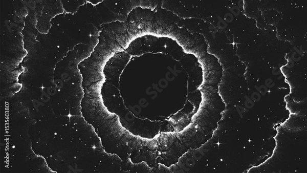 Obraz Amazing huge massive black hole surrounded by a cosmic nebula. Gravitational pull of the universe in a cosmic cloud storm of light and shadows. Dotwork. Pointillism. Dots shading. Vector illustration