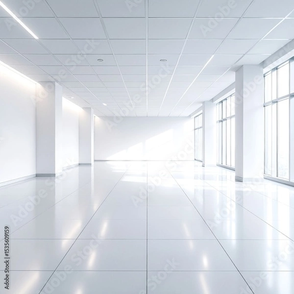 Fototapeta A spacious, empty white room featuring large windows that allow natural light to flood in, complemented by a smooth, pristine white floor.