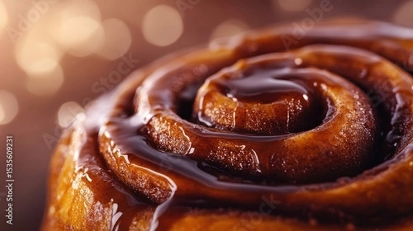 Fototapeta Close-up View of a Delicious Cinnamon Roll with Glaze on Dark Brown Background
