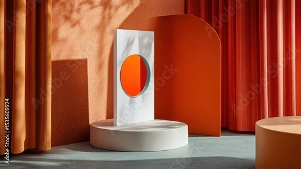 Fototapeta Modern Minimalist Interior with Orange Accents and Geometric Shapes in Natural Light