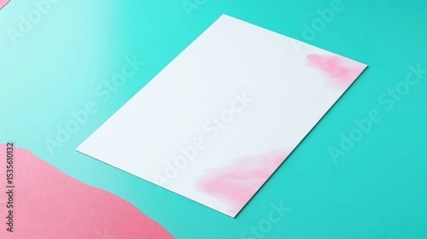 Fototapeta Blank White Paper on Vibrant Teal and Pink Background for Creative Design and Artistic Projects