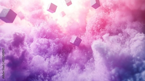 Fototapeta Abstract Digital Landscape with Floating Cubes and Colorful Clouds in Pink and Purple Hues