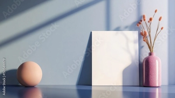 Fototapeta Minimalistic Still Life with Pink Sphere, Decorative Vase, Blank Canvas, and Soft Lighting on Blue Background