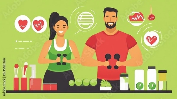 Fototapeta Young Couple Engaging in Fitness and Healthy Lifestyle with Dumbbells and Nutritional Supplements in a Bright, Energetic Scene