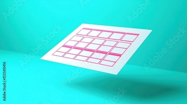Fototapeta Bright Abstract Design Featuring Floating Paper with Pink Grid Layout on Teal Background