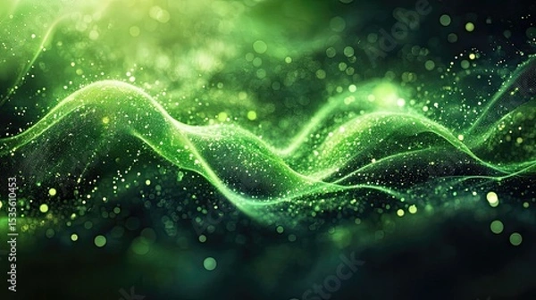 Obraz Abstract green wavy lines with bokeh and glittering particles