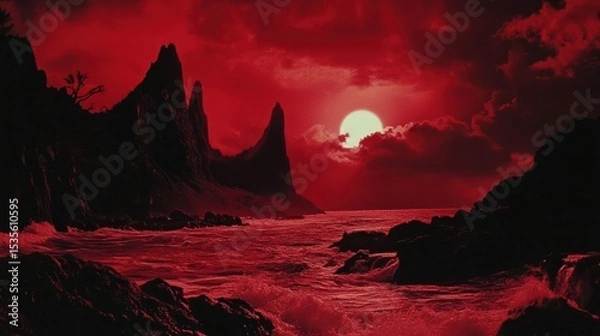 Fototapeta Dramatic Red Landscape with Jagged Peaks and Moody Sun Setting Over Wavy Ocean Waters