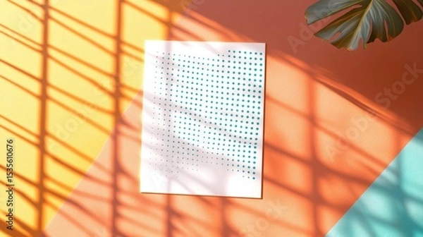 Fototapeta Bright Creative Background with Geometric Elements and Paper with Dots in Natural Light and Shadows
