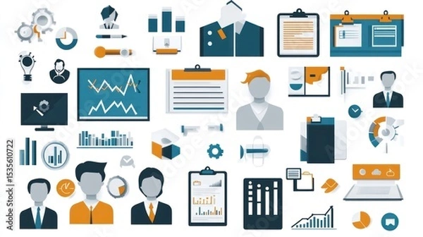 Fototapeta Diverse Collection of Business and Finance Icons Depicting Growth, Strategy, Analysis, and Teamwork for Professional Use
