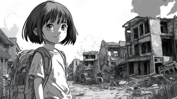 Fototapeta Young girl standing amidst a desolate urban landscape in a black-and-white illustrated style, evoking a sense of solitude and resilience