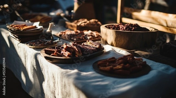 Fototapeta Rustic Table Display of Assorted Baked Goods and Snacks with Natural Lighting and Cozy Atmosphere