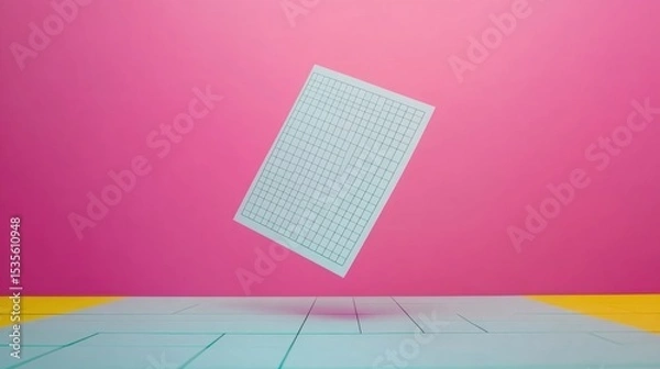 Fototapeta Floating Graph Paper Sheet on Colorful Background in Bright Pink and Yellow Setting