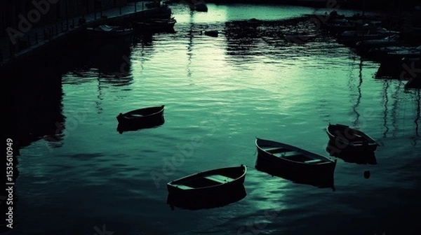 Fototapeta Tranquil Evening Scene with Small Boats Floating on Calm Water in an Urban Setting Under a Night Sky