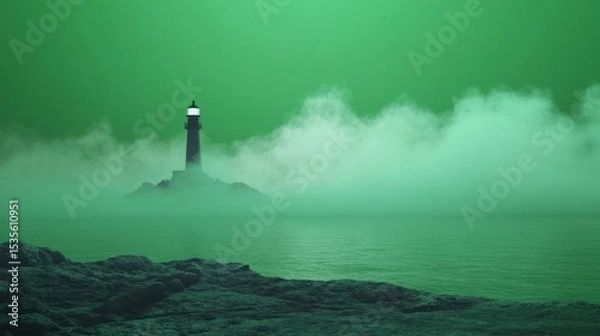 Fototapeta Mysterious Green Lighthouse in Mist Over Calm Water at Twilight with Rocks in the Foreground