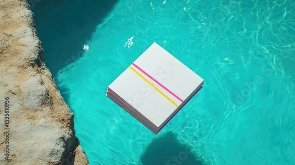 Fototapeta Colorful Notepad Floating on Bright Blue Water Surface in Tropical Setting