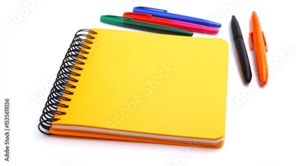 Fototapeta Bright Yellow Notebook with Colorful Pens on White Background for Creative Projects and Organization