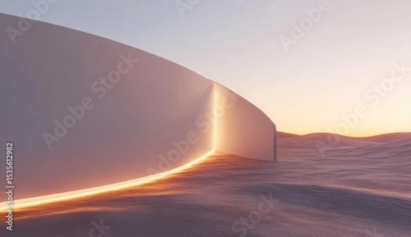 Obraz 3D render, abstract background with a white curved wall and glowing light in the desert. A minimalistic concept for the presentation of architectural design. 
