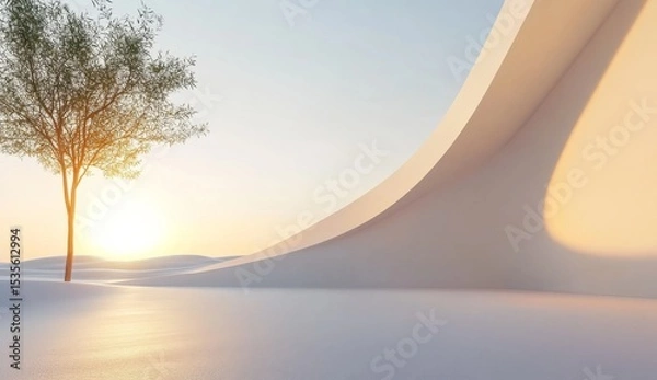 Obraz 3D render, abstract background with a white curved wall and glowing light in the desert. A minimalistic concept for the presentation of architectural design. 