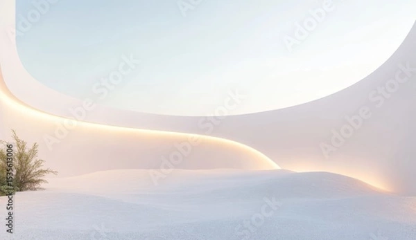 Fototapeta 3D render, abstract background with a white curved wall and glowing light in the desert. A minimalistic concept for the presentation of architectural design. 