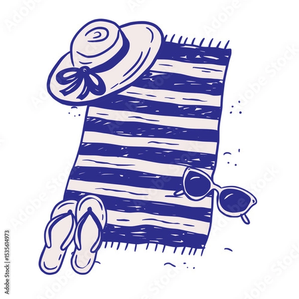 Fototapeta Beach Towel Flip Flops, Sunglasses Summer Sketch Whimsical Doodle Illustration