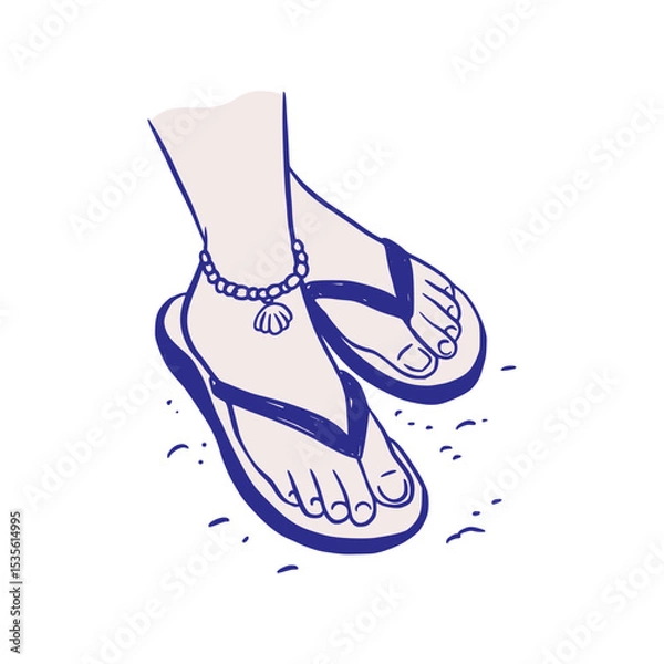 Fototapeta Beach Shoe Flip-flop Sandals Footwear Legs Walking on the Beach Summer Sketch Whimsical Doodle Illustration