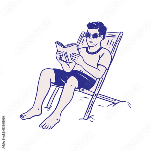 Fototapeta Man Reading Book on a Beach Sea Travel Vacation Summer Sketch Whimsical Doodle Illustration
