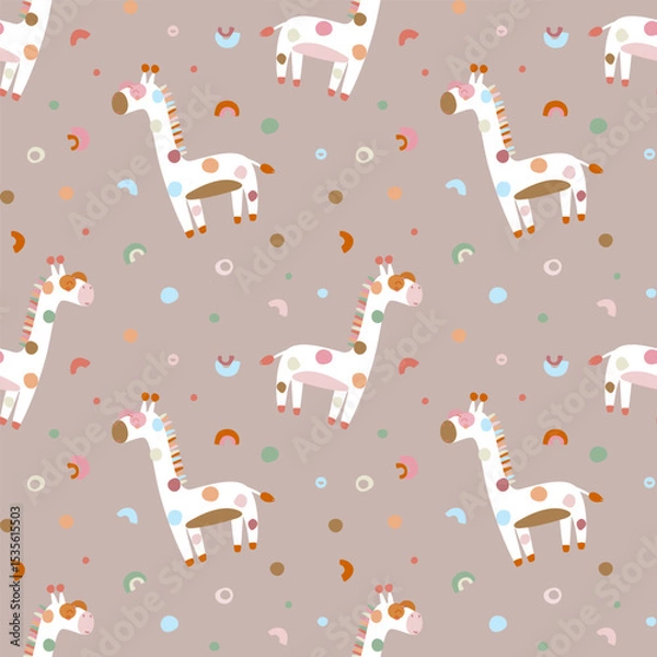 Fototapeta Giraffe in sunglasses in seamless pattern. Summer animal background for kids. Funny character in nursery design, fabrics, textile, clothing, wallpaper, notebooks, bed linen
