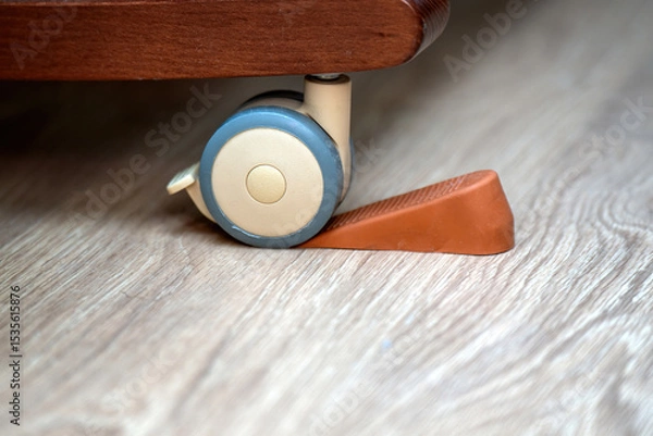 Fototapeta Extra rubber stopper placed under a crib wheel with engaged internal brake for added safety and stability