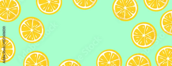 Fototapeta Cute lemon slice pattern on mint green background. Bright and fresh fruit design for summer, wrapping paper, banners, cards, flyers