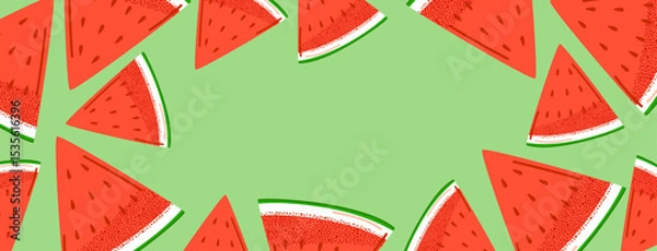 Fototapeta Watermelon slice summer background on green backdrop with copy space for text. Banner, poster, flyer, and summer-themed design