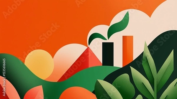 Fototapeta Abstract illustration of green hills, large leaves, geometric shapes, and a warm orange sky with clouds and the sun.