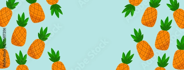 Fototapeta Pineapples on light blue background. Summer background with copy space. Fun tropical design for banner, summer-themed print, invitation, flyer