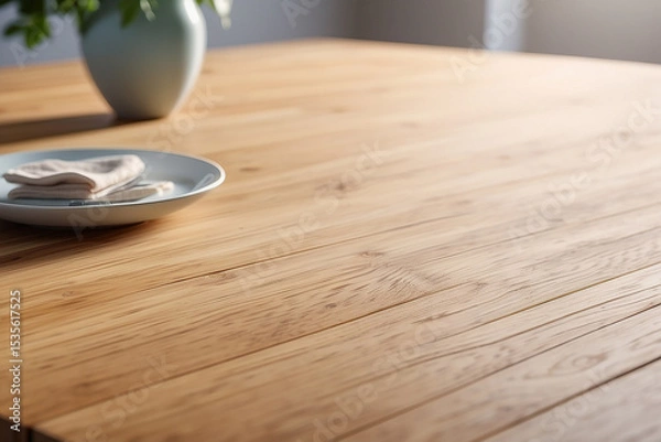 Fototapeta Close up view of a wooden table surface with a plate and a vase