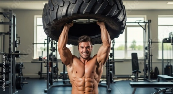 Fototapeta Powerful Athletic Male Demonstrating Dominance Through Intense Tire Lifting Exercise