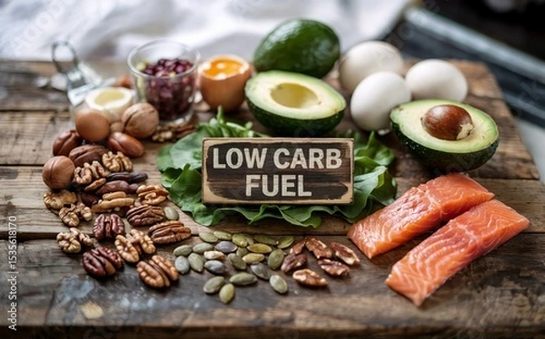 Fototapeta Ketogenic Diet Essentials Arranged on Rustic Wooden Board with Low Carb Fuel Sign
