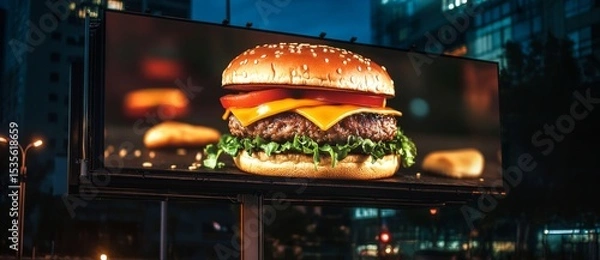 Obraz A digital billboard featuring an advertisement for a hamburger in the city at night, with ultra-realistic photography.