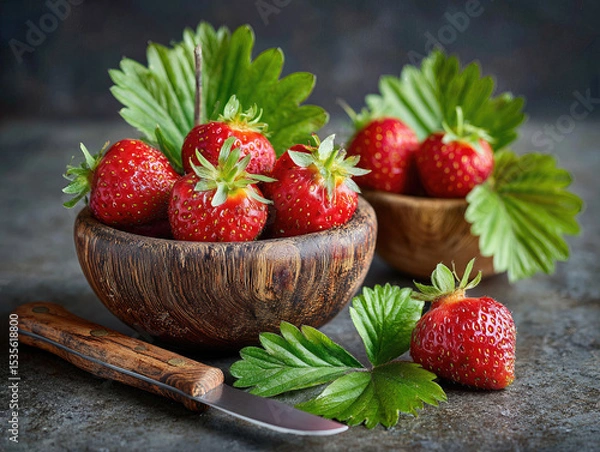 Fototapeta Fresh strawberries in a rustic bowl with green leaves beside a knife