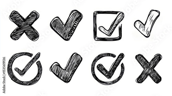 Fototapeta Hand-drawn check marks and crosses in various styles and designs