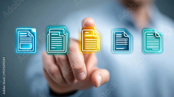 Fototapeta Hand selecting electronic documents from a virtual interface in a digital environment