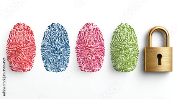 Fototapeta Colorful fingerprints beside a padlock conceptualizing security and identification