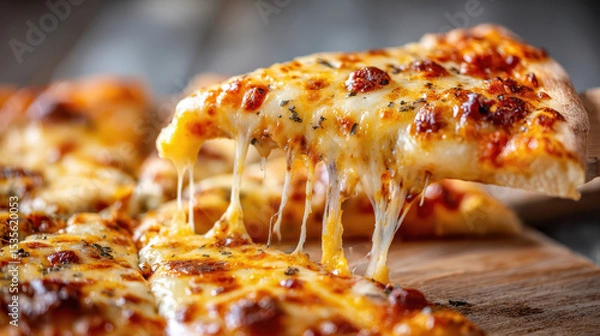 Fototapeta Cheesy pizza slice being lifted with melting, gooey cheese pull effect