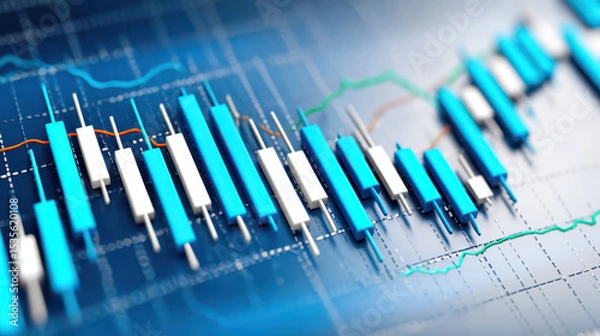 Fototapeta Financial trading chart featuring blue and white candlesticks on a grid