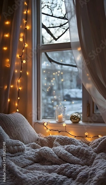 Fototapeta Cozy winter scene by a window with warm lights.