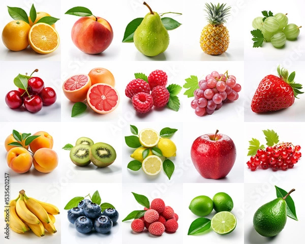 Fototapeta Colorful assortment of fresh fruits arranged on a white background