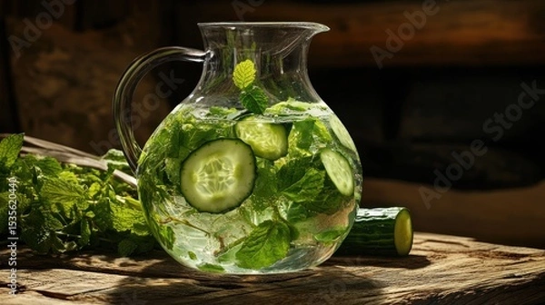 Fototapeta Refreshing cucumber and mint infused water in a glass pitcher on a wooden table