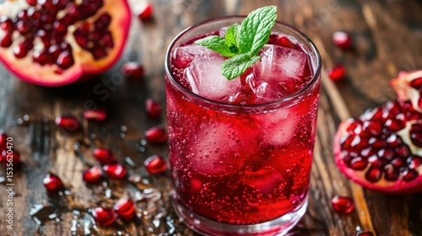 Fototapeta Refreshing pomegranate drink with ice and mint on wooden table for summer