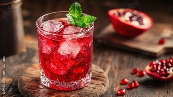 Fototapeta Refreshing pomegranate cocktail with ice and mint on a rustic wooden table