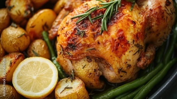 Fototapeta Roasted chicken with potatoes, green beans, and lemon for a delicious meal