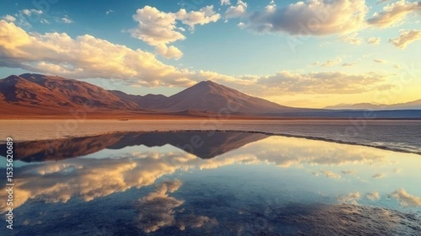 Fototapeta Serene Mountain Landscape Reflected in Water at Sunset, Evoking Tranquility